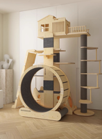 Tour d'activités pour chat en bois massif et sisal, écologique, avec plateforme multi-niveaux, poteau d'exercice, roue de course et tapis roulant