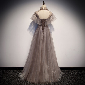 Elegant Long Starry Sky Evening Dress Off The Shoulder Empire Waist Silver Gray Glitter For Banquets Hostess Performance - Product Image 4