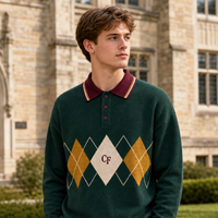 Pull Polo en Coton Tricoté pour Homme, Motif Losanges Argyle, Manches Longues, Style Rétro Universitaire, Fournisseur de Logos Personnalisés