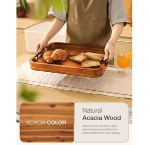 工場直販 ベストセラー 長方形 アカシア材 オットマン トレイ 大型 木製 サービングトレイ 取っ手付き リビングルーム用 - Product Image 4