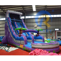 Château gonflable pour extérieur, cour arrière, avec toboggan aquatique en PVC marbré violet et palmiers tropicaux, toboggans gonflables pour adultes