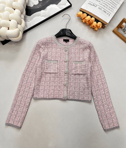 Cárdigan de punto estilo tweed elegante, suéter con botones y detalles de ribete, top suave y cálido de manga larga para mujer - Product Image 1