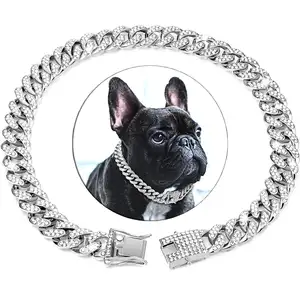 Wholesale Luxury safety metal chains gold silver rose gold dog pet neck necklace collars with diamonds dog chain for dogs