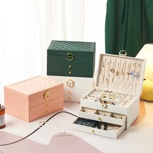Custom Logo Wholesale Large 3-Layer Jewelry <b>Box</b> Organizer Lock 2 <b>Drawers</b> Women Luxury Pu Leather Waterproof Modern Jewelry - Product Image 3