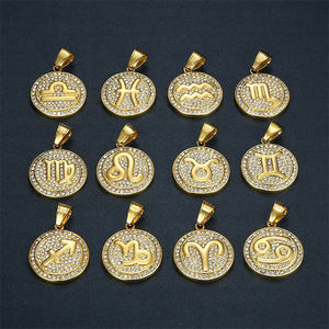 Mode 12 <span class=keywords><strong>astrologie</strong></span> <span class=keywords><strong>complet</strong></span> cristal rond disque 18k plaqué or en acier inoxydable signe zodiaque pendentif collier pour hommes - Product Image 1