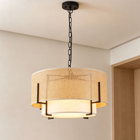 Luminaire suspendu rond contemporain en tissu tissé, cadre en métal noir, lampe suspendue pour intérieur