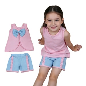 ชุดเสื้อยืดกางเกงขาสั้นผ้าฝ้ายสีสันสดใสประดับโบว์ใหญ่สไตล์ลำลองสำหรับเด็กผู้หญิง RTS รุ่นซัมเมอร์ 2 ชิ้น ดีไซน์ใหม่ เสื้อผ้าเด็กผู้หญิง - Product Image 1