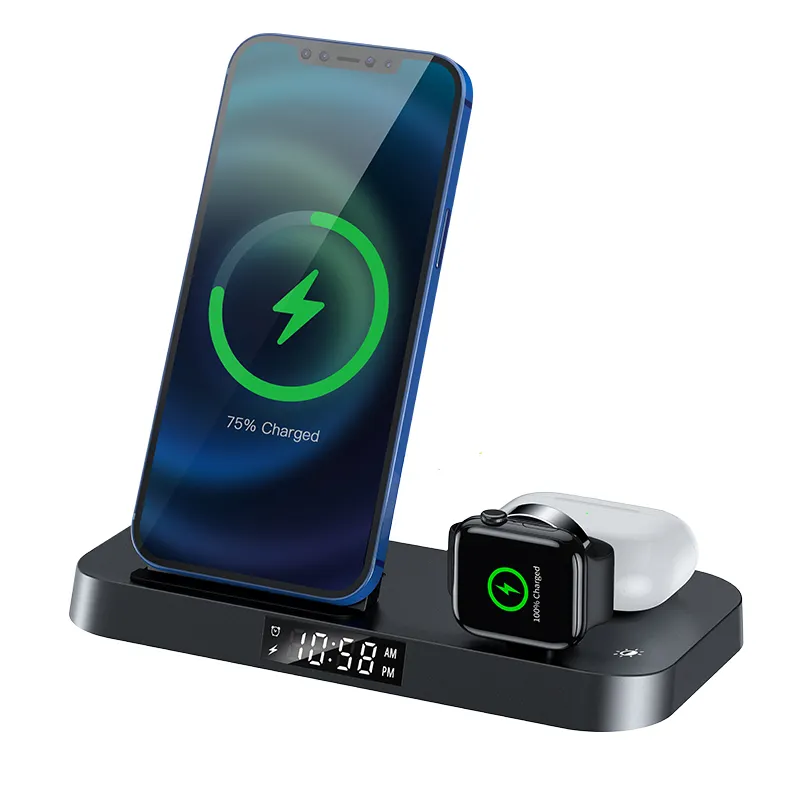 High Quality Collapsible 4 In 1 Alarm Clock Wireless Charger Station Charging Dock For Iwatch