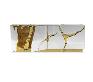 Buffet en laiton doré artistique personnalisé, avec miroir en acier inoxydable et intérieur en bois de palissandre - Product Image 2
