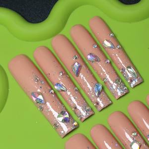 Uñas postizas de lujo acrílicas hechas a mano con diseño de estrellas y mariposas, puntas francesas, cobertura completa, estilo ataúd largo, venta al por mayor - Product Image 4