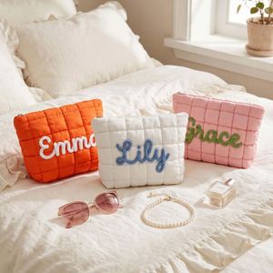 Handmade Puffy <b>Quilted</b> <b>Makeup</b> <b>Bag</b> with English Letters Pattern Travel Toiletry Organizer Clutch for Women - Product Image 1