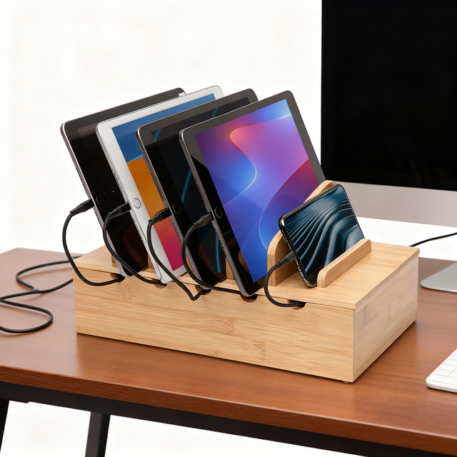 Wooden Tablets and Laptops Station Organizer, - Multi-Device Docking Station with Removable Divider Slots