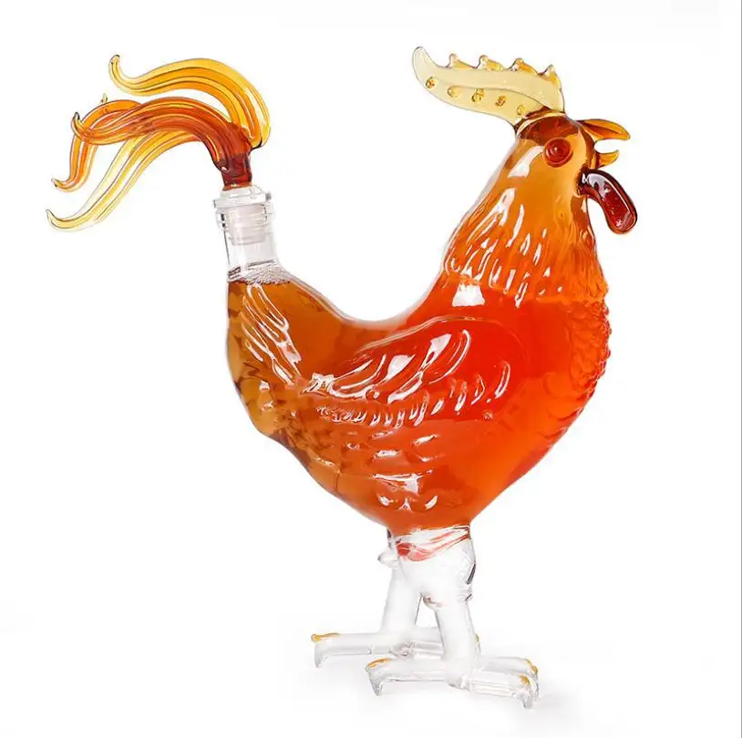 Botella de vino de cristal hecha a mano, con forma de gallo, animal del zodiaco chino