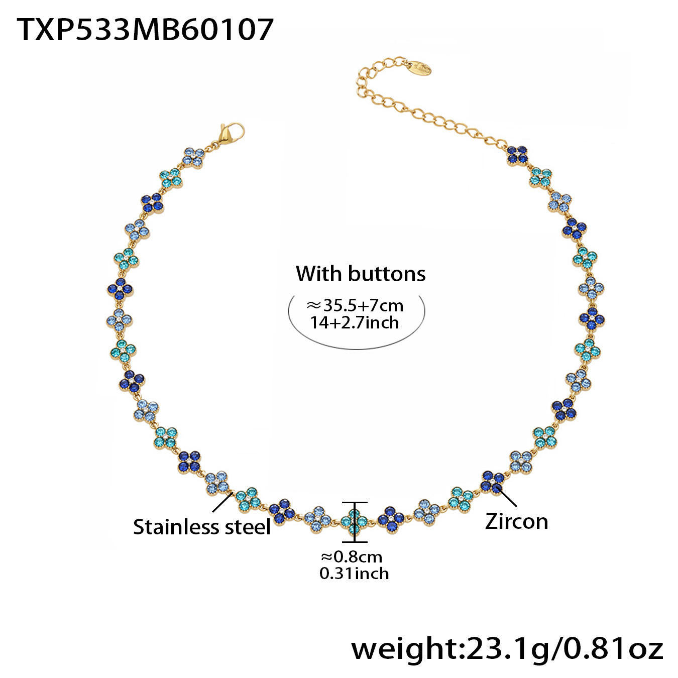 Txp533-collier zircon bleu 355 7cm