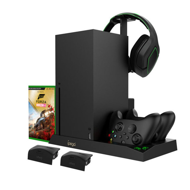 Dual Controller Charger Stand Cooling Base for Xbox Series X and Disc Storage Rack Headset Holder Game Console Accessory Box