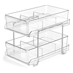 2-Tier Clear with Removable Dividers Slide-Out Plastic Storage Bins Bathroom Under Sink Organizer Kitchen Fridge Bins Wholesale