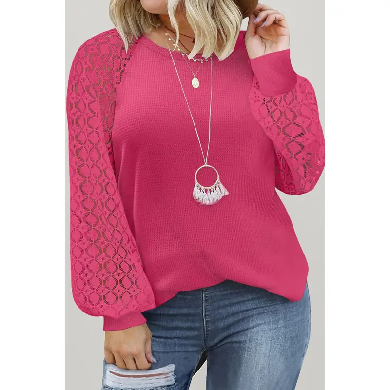 Women Plus Size Contrast Hollowed-out Lace Sleeve Waffle Knit Top