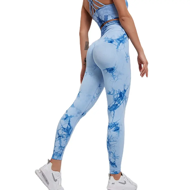 Tik Tok Drop Shipping Model baru wanita cepat kering kerut kebugaran marmer dasi celup mulus legging Yoga celana Bra set