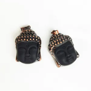 Vintage Jewelry Fengshui Gemstone Black Obsidian Buddha Head Pendant Antique Bronze Plated Edge Buddha Pendants Factory Price