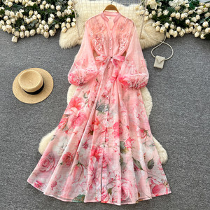 Abito da <span class=keywords><strong>donna</strong></span> alla moda con ricami floreali, scollo a V, maniche lunghe, linea ad A che definisce la vita, abito da <span class=keywords><strong>ufficio</strong></span> - Product Image 1