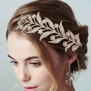 Princess Tiara Crown Handmade Bride Queen Korean Style Unique Golden Leaf White Rhinestones Bridal 2021 New Fashion