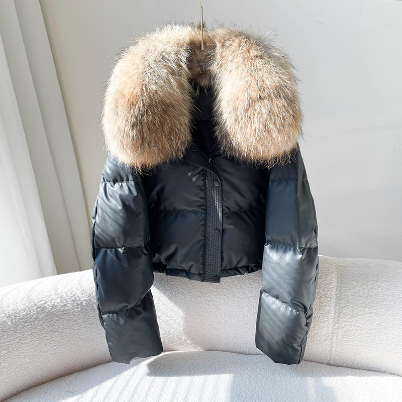 JANVENY 2024 Real Natural Fur Winter Stand Collar Puffer Jacket