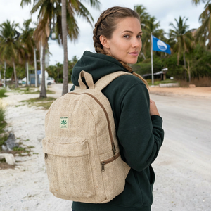Sac à dos pour ordinateur portable en chanvre de l'Himalaya écologique, vegan, fait main, géométrique, sac de voyage avec porte-bouteille, poche et base en forme de lune - Product Image 4