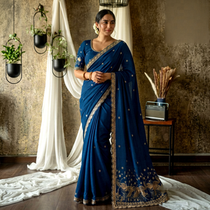 Sari de seda Rangoli con bordado y trabajo de corte tipo C Pallu de diseñador, y blusa sin coser de seda Mono Banglory con bordado. - Product Image 1