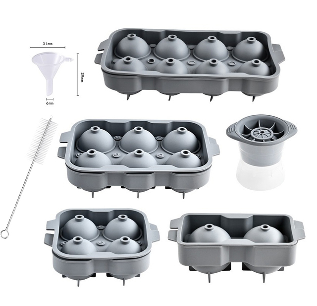 8/6/4/2/1 Cavity Silicone Ice Ball Mold Set Lid Funnel Brush Food-Grade Freezer Proof Ice Cube Trays Reusable Spherical Maker