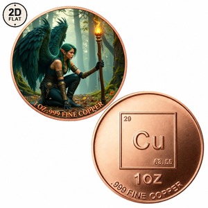 Moneda de Cobre Puro 999 de 1 Oz Personalizada al por Mayor, <span class=keywords><strong>Guerrero</strong></span> Élfico Alado de Fantasía con Bastón Luminoso en Escena Forestal, Conmemorativa Coleccionable - Product Image 1