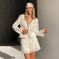Ensemble de shorts tricotés décontractés pour femmes personnalisés cardigan à lacets chemisier style paresseux long short de plage en tulle évidé costume