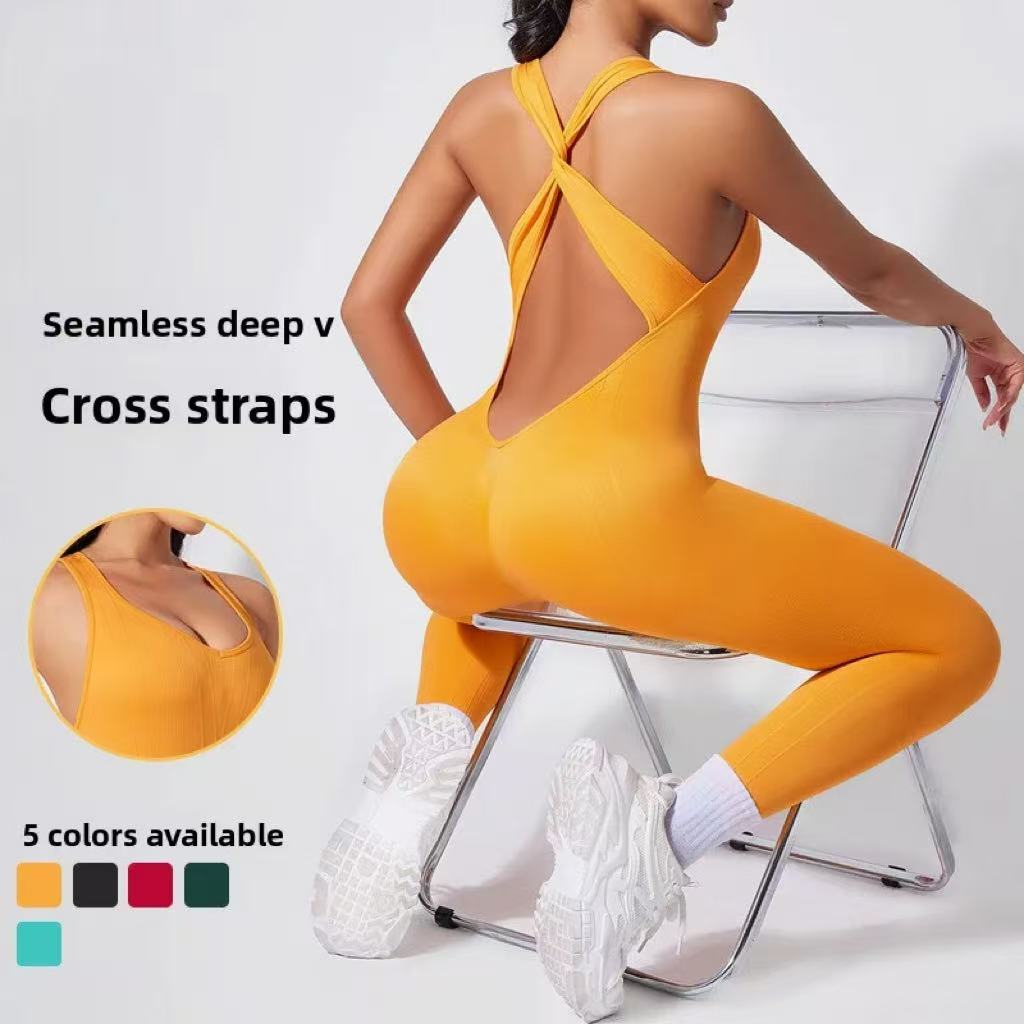 Beautiful Back Yoga Clothes Jumpsuit Women's Tight Fitting V-neck Hip Lifting Quick Drying Fitness Suit Running Sports Jumpsuit