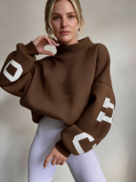 Sweat-shirt à col montant pour femme avec logo personnalisé, col à nœud, broderie, en molleton de coton, coupe oversize