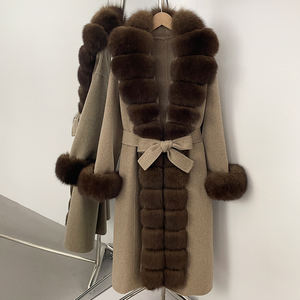 Foftbuy cappotto di lana 100% in <span class=keywords><strong>pelliccia</strong></span> di volpe grande lungo, nuovo abbigliamento autunno inverno, cintura da donna, giacca di lana con collo di <span class=keywords><strong>pelliccia</strong></span> naturale - Product Image 2