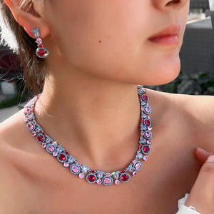 <span class=keywords><strong>Collana</strong></span> glamour e orecchini di forma ovale abbagliante zirconi cubici blu rosso <span class=keywords><strong>rosa</strong></span> grande Set di gioielli Multicolor per banchetti da donna - Product Image 4