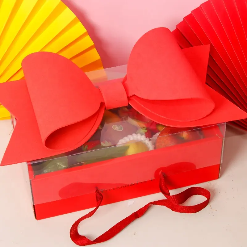 XJH 2024 roter tragbarer transparenter Frucht-Blumenbox mit Schleifenknoten für Muttertag Party Geschenk-Süßigkeit-Verpackung