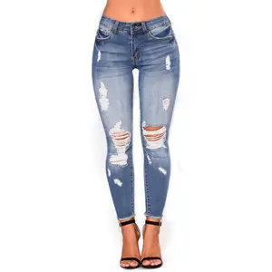 Calça jeans para mulheres, cintura alta, feminina, skinny, stretch, rasgada, em denim, venda imperdível