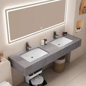 Meuble-Lavabo Mural de Luxe Moderne avec Miroir et Vasque en Marbre et Céramique Frittée Légère pour Hôtel et Salle de Bain - Product Image 4