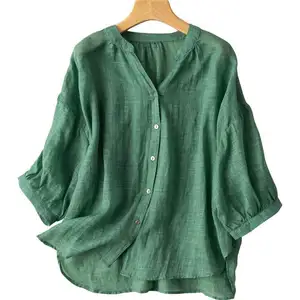 2022 new arrival High quality Solid Casual Female Cotton Linen Shirt Tops Loose Girls Clothes Blouse for Ladies