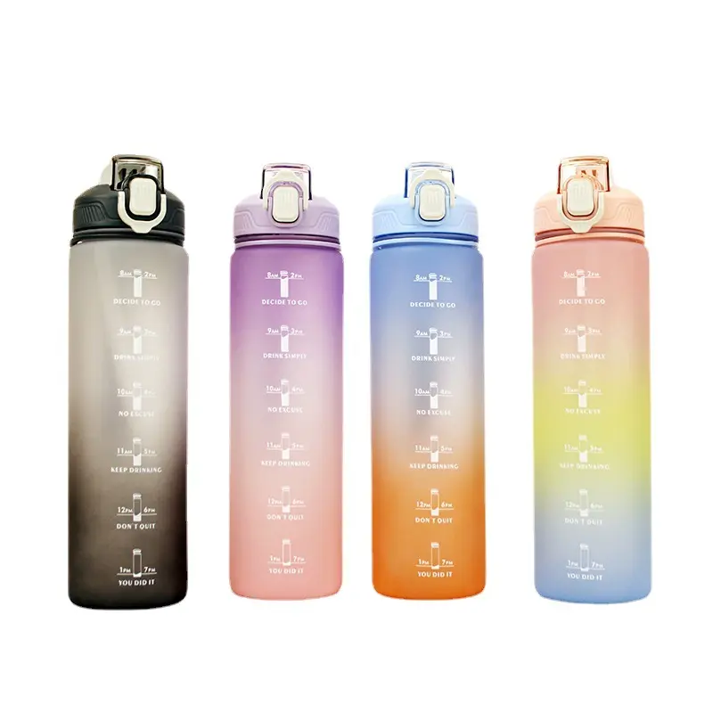 Toptan BPA ücretsiz 1000ml 32oz motivasyon gökkuşağı plastik su şişesi sürahi ile zaman işaretleyici hasır açık spor için günlük