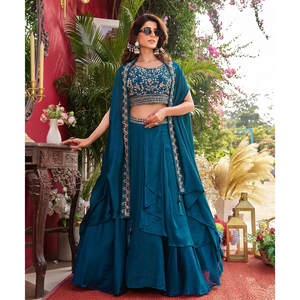 Ensemble Lehenga Choli brodé bleu en soie Banarasi Anarkali avec dupatta lourd, robe de soirée de mariage - Product Image 1