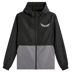 Chaqueta Cortavientos con Capucha para Hombre, Diseño Color Block Negro y Gris, Cierre Frontal con Cremallera, Logotipo, Estilo Casual, Ropa de Primavera para Exteriores - Product Image 1