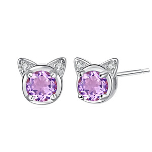 9 Aretes de Moda con Cristales Naturales de 6mm en Forma de Gato, con Gemas Coloridas, Plata 925, Joyería Antideslustre para Niñas - Product Image 1