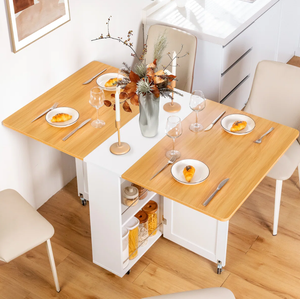 <strong>Folding</strong> Dining <strong>Table</strong> with 6 Wheels 2-Layer Storage Shelf and Drop <strong>Leaf</strong> Space Saving Dining <strong>Table</strong> for Kitchen/Living Room - Product Image 3