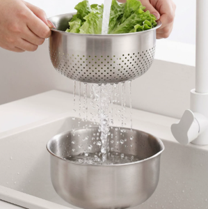 Ensemble de bols passoires en acier inoxydable double couche, passoire détachable pour fruits, légumes et riz, bol mélangeur compatible induction - Product Image 4