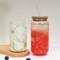 Gobelet en verre borosilicate 12oz 16oz avec couvercle en bambou et paille pour café glacé, bière, soda – Idéal pour la maison, le café et le bar