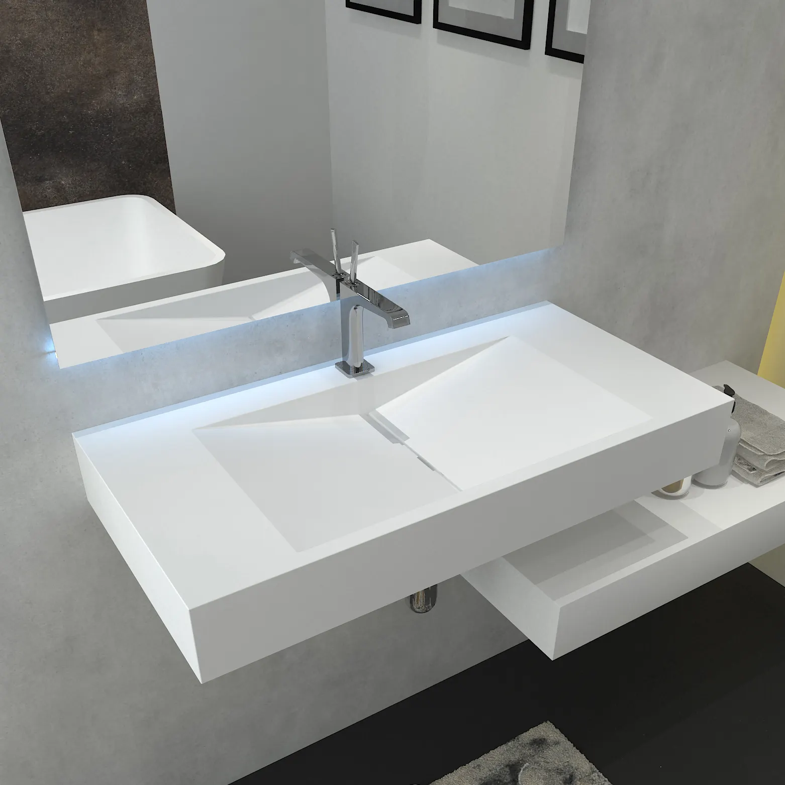 Fanwin Luxe Rechthoekige Wit Solid Modern Art Wassen Muur Gehangen Wastafel Wastafel Badkamer Steen Hars Bassins Sink