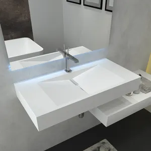 Fanwin الفاخرة مستطيلة الأبيض الصلبة الحديثة الفن غسل جدار حوض مُعلق بالوعة الحمام حجر الراتنج أحواض بالوعة