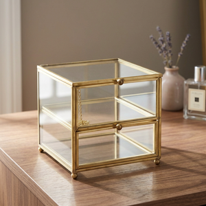 Boîte à bijoux de luxe haut de gamme en verre cube doré, moderne et élégante, avec couvercle, pour accessoires et maquillage - Product Image 3