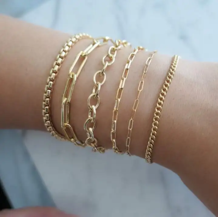 2024 Stainless Steel Fashion Jewelry Women Thin PVD 14k Gold Plated Paper Clip Chain Bracelet Femme Wholesale